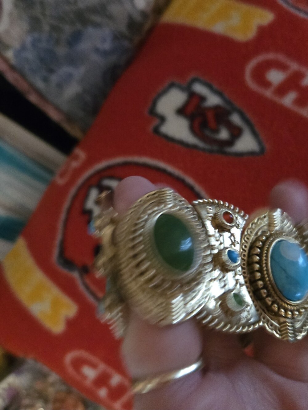 Gold-Tone Multi-Stone Statement Bracelet with Green and Faux Turquoise Cabochons